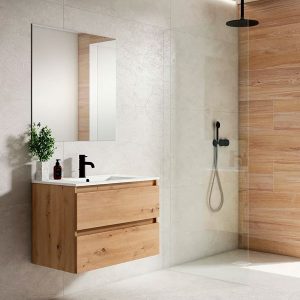 Mueble de Baño Roble Costa 80 (2 Cajones + Lavabo + Espejo)